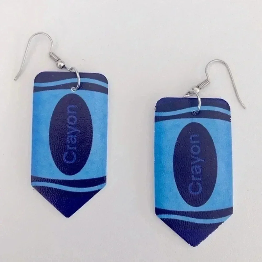 Blue Crayon Teacher School Faux Leather Die-Cut Drop Earrings NWT